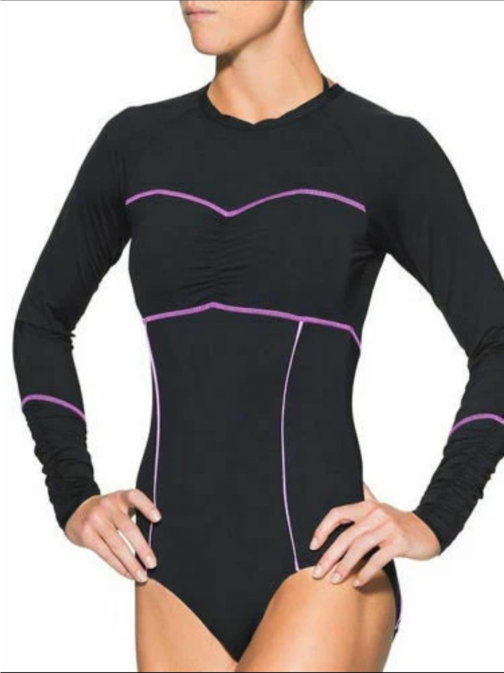 Athleta Ariel Black Long-Sleeve Swim rashguard with Purple Piping